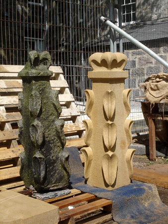 Comparison of original and replacement stone pinnacle.