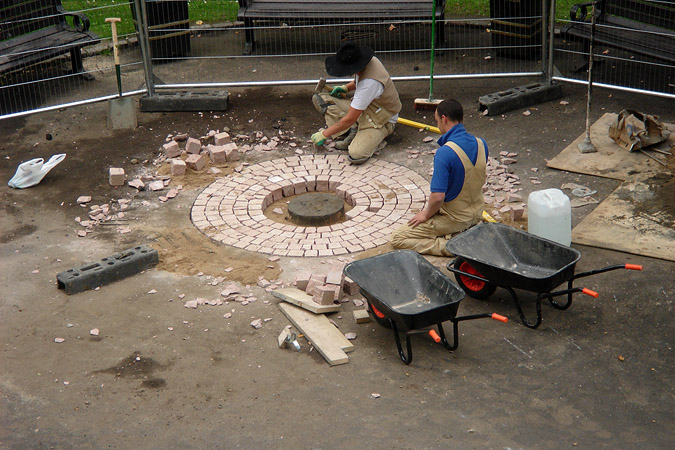 Mary Slessor Memorial: cutting and laying granite set.