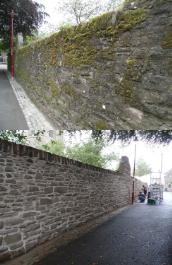 Before and after the repairs to the Cathedral Wall on Channonry Wynd, Brechin.